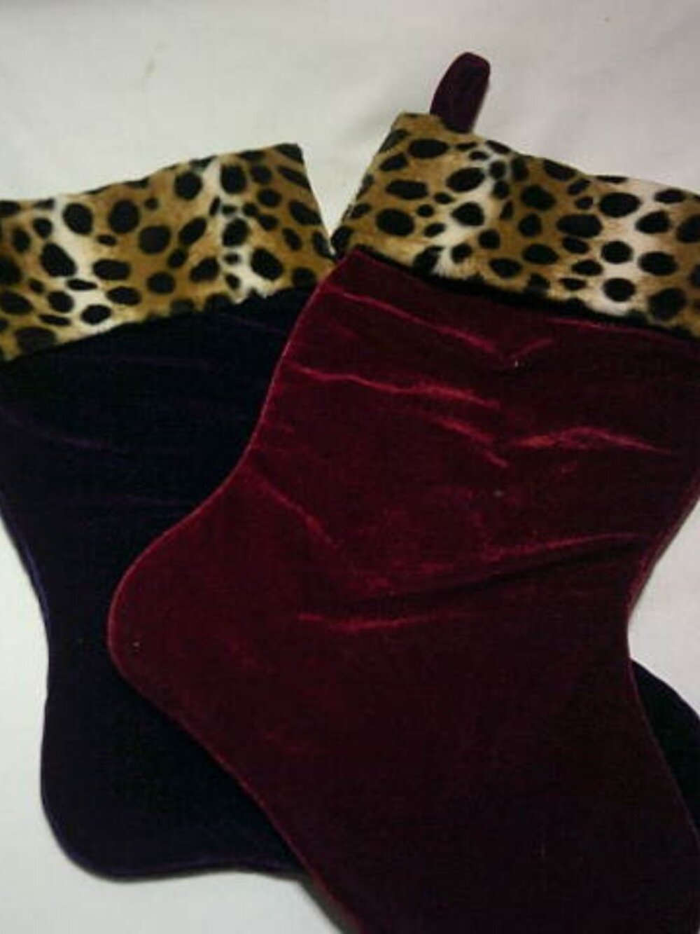 LOT 2 VELVET CHRISTMAS STOCKINGS 17" LEOPARD PRINT FUR TRIM PURPLE & MAROON 🎄